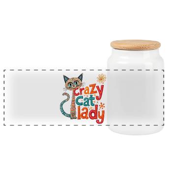 Crazy Cat Lady: Fun and Quirky Design - Panoramic Cookie Jar with Wooden Lid - white - Front