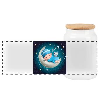 Schlafender Junge auf dem Mond mit einer Eule. - Panorama Keksdose mit Holzdeckel - Weiß - Vorne