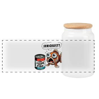 Funny canned fish design - Panoramic Cookie Jar with Wooden Lid - white - Front