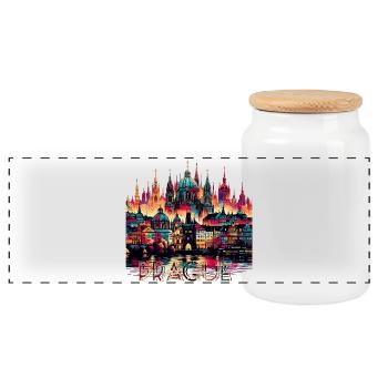 Prague Capital Czech Republic Gift - Panoramic Cookie Jar with Wooden Lid - white - Front