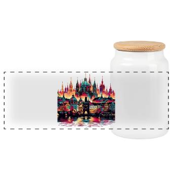 Prague Capital Czech Republic Gift - Panoramic Cookie Jar with Wooden Lid - white - Front