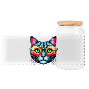 Puss with sunglasses - Panoramic Cookie Jar with Wooden Lid - white - Front