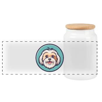 Maltese Dog Breed Cartoon Character Kawaii Clipart - Panoramic Cookie Jar with Wooden Lid - white - Front