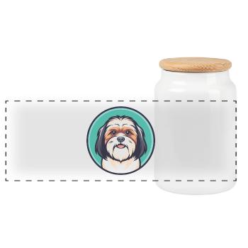 Maltese Shih Tzu Dog Breed Cartoon Kawaii Clipart - Panoramic Cookie Jar with Wooden Lid - white - Front