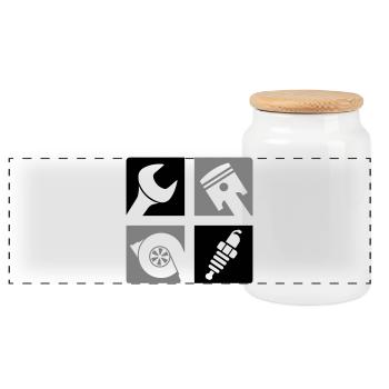 Wrench Piston Turbo Spark Plug Emblem - Panoramic Cookie Jar with Wooden Lid - white - Front