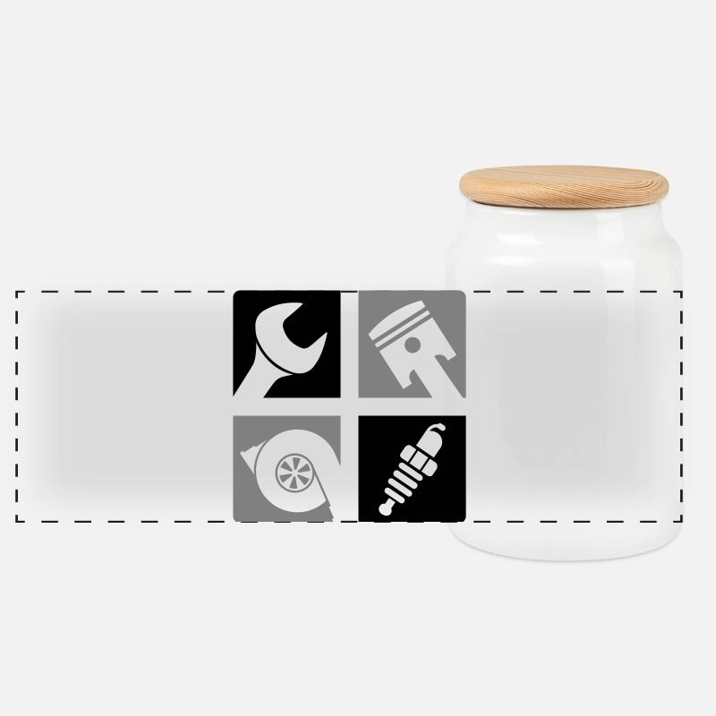 Schraubenschlüssel Kolben Turbo Zündkerze Emblem - Panorama Keksdose mit Holzdeckel - Weiß