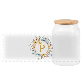 P Monogram, Flower Circle, Personalizable - Panoramic Cookie Jar with Wooden Lid - white - Front