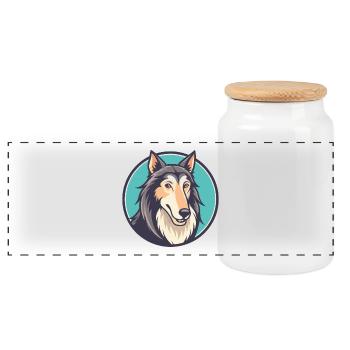 Russischer Wolfshund Hund Rasse Cartoon Kawaii Clipart - Panorama Keksdose mit Holzdeckel - Weiß - Vorne