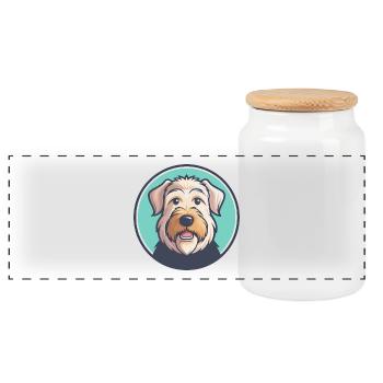 Pelage doux Wheaten Terrier Chien Race Dessin animé Animal de compagnie - Boîte à biscuits avec couvercle en bois - blanc - Devant