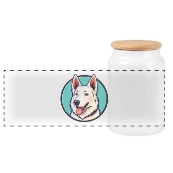White Shepherd Dog Breed Cartoon Kawaii Clipart - Panoramic Cookie Jar with Wooden Lid - white - Front