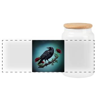 Elegant crow sitting majestically - Panoramic Cookie Jar with Wooden Lid - white - Front