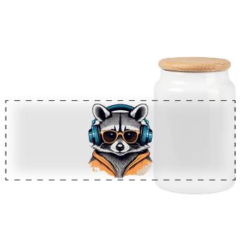 Cool raccoon with headphones and sunglasses - Panoramic Cookie Jar with Wooden Lid - white - Front