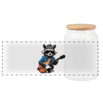 Stylischer Waschbär mit E-Gitarre - Panorama Keksdose mit Holzdeckel - Weiß - Vorne