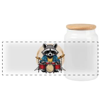 Stylischer Waschbär mit Schlagzeug - Panorama Keksdose mit Holzdeckel - Weiß - Vorne