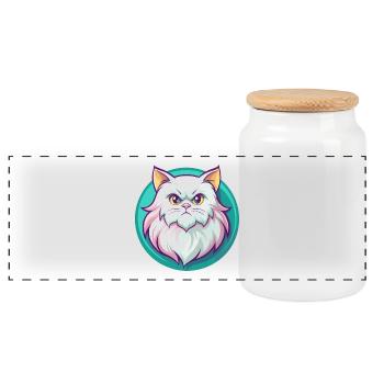 White Longhair Persian Cat Breed Cartoon Kawaii - Panoramic Cookie Jar with Wooden Lid - white - Front