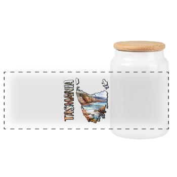 Watercolor Map Tasmania - Panoramic Cookie Jar with Wooden Lid - white - Front