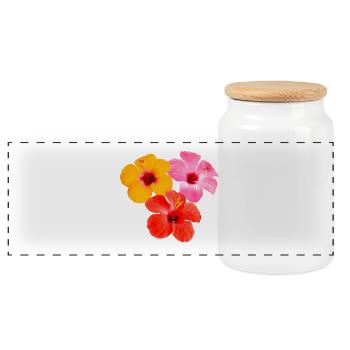 Hibiscus Trio - Tropical Flowers - Panoramic Cookie Jar with Wooden Lid - white - Front