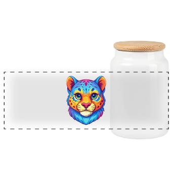 Snow Leopard Baby Cat Breed Cartoon Kawaii Animal - Panoramic Cookie Jar with Wooden Lid - white - Front