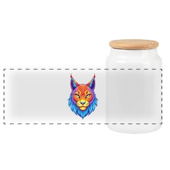 Eurasian Lynx Cat Breed Cartoon Kawaii Animal Pet - Panoramic Cookie Jar with Wooden Lid - white - Front