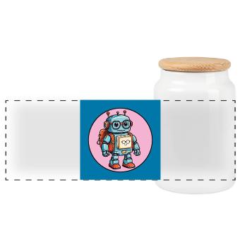 Little cute robot with school bag school enrollment - Panoramic Cookie Jar with Wooden Lid - white - Front