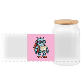 Little cute robot with school bag school enrollment - Panoramic Cookie Jar with Wooden Lid - white - Front