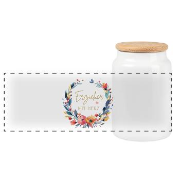 Erzieher mit Herz! Blumen, personalisierbar - Panorama Keksdose mit Holzdeckel - Weiß - Vorne
