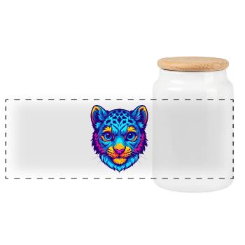 Snow Leopard Baby Cat Breed Cartoon Kawaii Animal - Panoramic Cookie Jar with Wooden Lid - white - Front