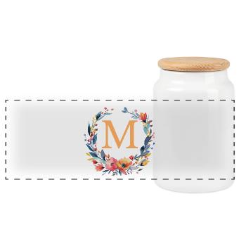 M Monogramm, Blumen-Kranz, personalisierbar - Panorama Keksdose mit Holzdeckel - Weiß - Vorne