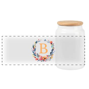B Monogram, Flower Wreath, Personalizable - Panoramic Cookie Jar with Wooden Lid - white - Front