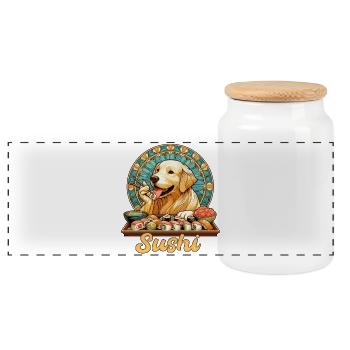 Sushi Golden Retriever Maki Gift - Panoramic Cookie Jar with Wooden Lid - white - Front