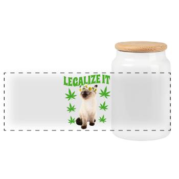 Cat Stoned Stoned Smoking Weed, Hemp Leaf, Hippie - Panoramic Cookie Jar with Wooden Lid - white - Front
