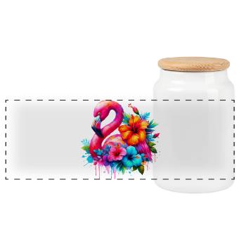 Flamingo decorated with hibiscus flowers - Panoramic Cookie Jar with Wooden Lid - white - Front