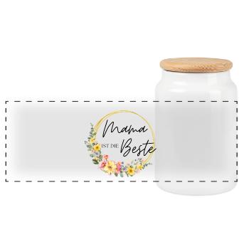 Mama ist die Beste! Blumen, bunt, personalisierbar - Panorama Keksdose mit Holzdeckel - Weiß - Vorne