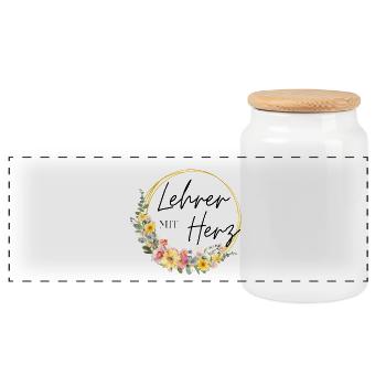 Lehrer mit Herz! Personalisierbares Design - Panorama Keksdose mit Holzdeckel - Weiß - Vorne