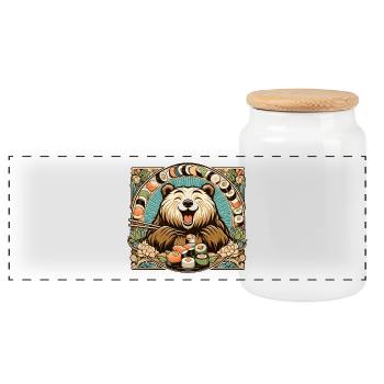 Sushi Bear Happy Cute Maki Gift - Panoramic Cookie Jar with Wooden Lid - white - Front