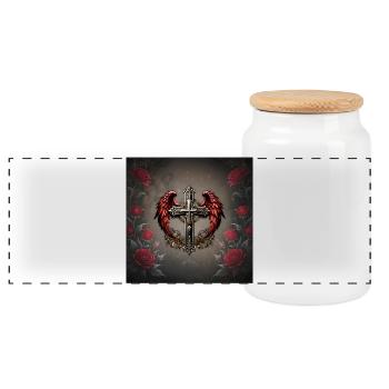Elegant Decorative Artistic Cross with Wings. - Panoramic Cookie Jar with Wooden Lid - white - Front