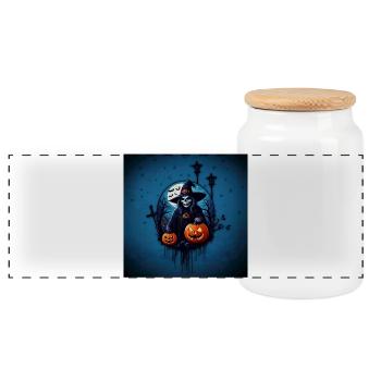 A spooky Halloween scene - Panoramic Cookie Jar with Wooden Lid - white - Front