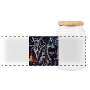 Metal Hell Male Goat and Cat - Panoramic Cookie Jar with Wooden Lid - white - Front