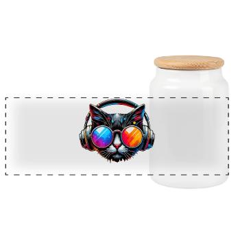 DJ Cat - Disco & Party Cat - Panoramic Cookie Jar with Wooden Lid - white - Front