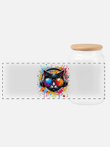 DJ Cat - Disco & Party Cat - with splashes of color - Panoramic Cookie Jar with Wooden Lid - white