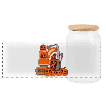 Excavator Excavator Driving - HALLOWEEN PUMPKIN COSTUMES - Panoramic Cookie Jar with Wooden Lid - white - Front