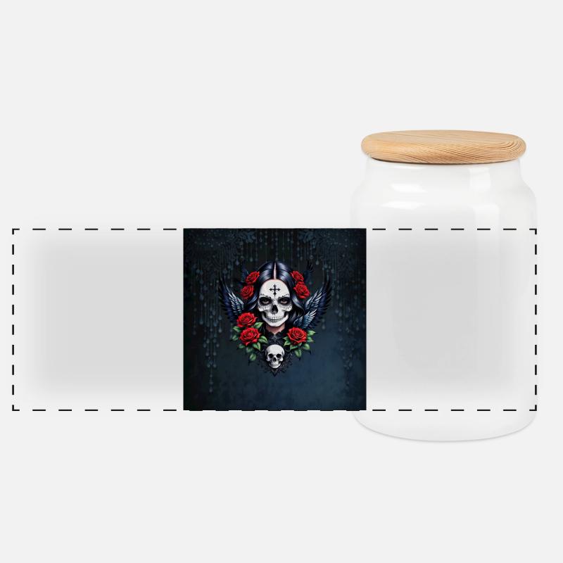 Angel Sugar Skull with Roses - Panoramic Cookie Jar with Wooden Lid - white