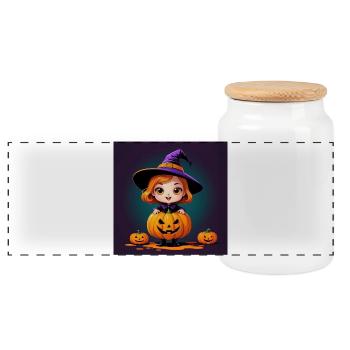 Halloween Pumpkin Witch - Panoramic Cookie Jar with Wooden Lid - white - Front