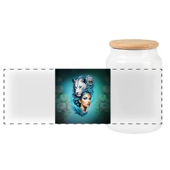Captivating woman with majestic lion's head - Panoramic Cookie Jar with Wooden Lid - white - Front