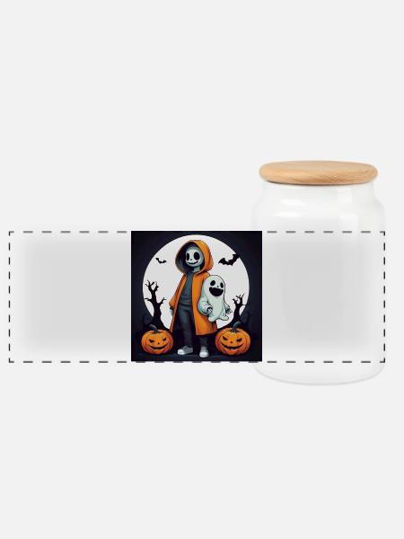 Halloween Ghosts - Panoramic Cookie Jar with Wooden Lid - white