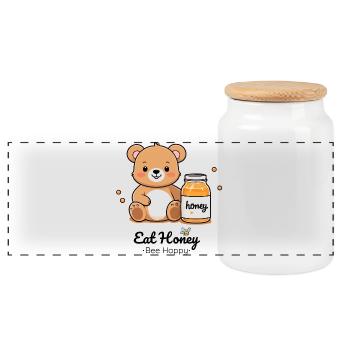 Cuddly bear with honey jar - Panoramic Cookie Jar with Wooden Lid - white - Front