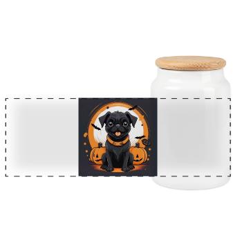 Halloween Hund mit Kürbissen und Fledermäusen - Panorama Keksdose mit Holzdeckel - Weiß - Vorne