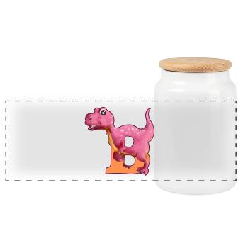 B - DINOSAUR, customizable - Panoramic Cookie Jar with Wooden Lid - white - Front