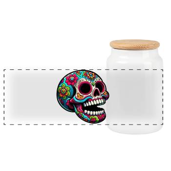Bunte Totenkopf-Illustration mit Blumen - Panorama Keksdose mit Holzdeckel - Weiß - Vorne