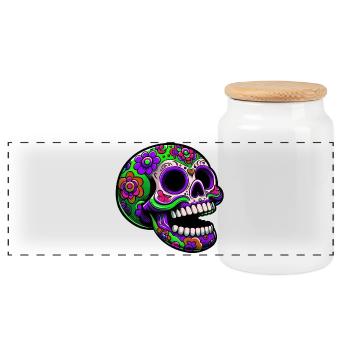 Leuchtender Totenkopf mit Blumenmotiv - Panorama Keksdose mit Holzdeckel - Weiß - Vorne